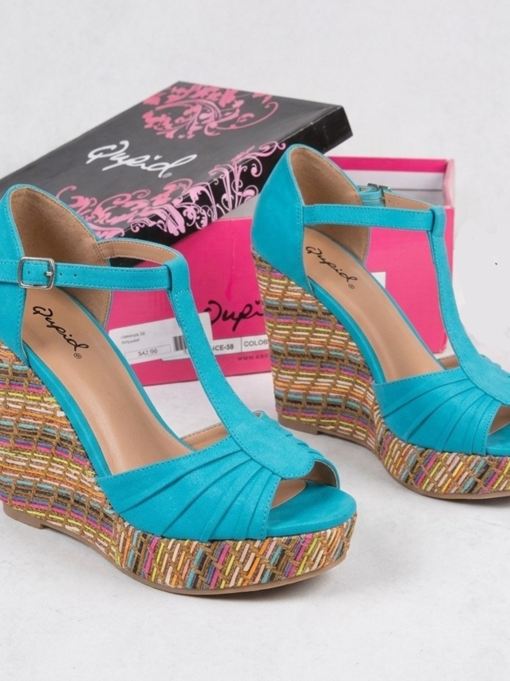 *NIB Qupid Multicolor Woven Espadrille Wedge Platform Sandals Turquoise Sz 8.5 - Picture 4 of 14